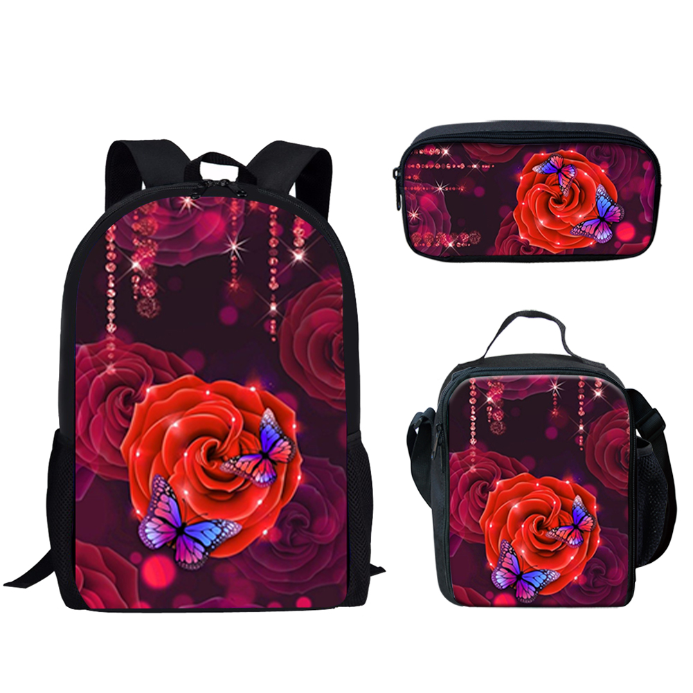 School Backpack Teen - Gothic Red Rose Design Print 3Pcs
